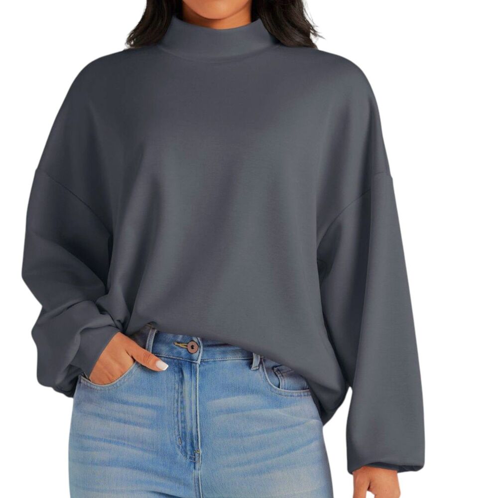 Halara Dark Gray Mock Neck Long Sleeve Side Pocket Pullover Top Size Large